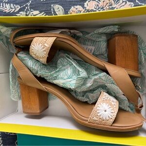 Jack Rogers Tan Short Block Heels with White Floral Accent